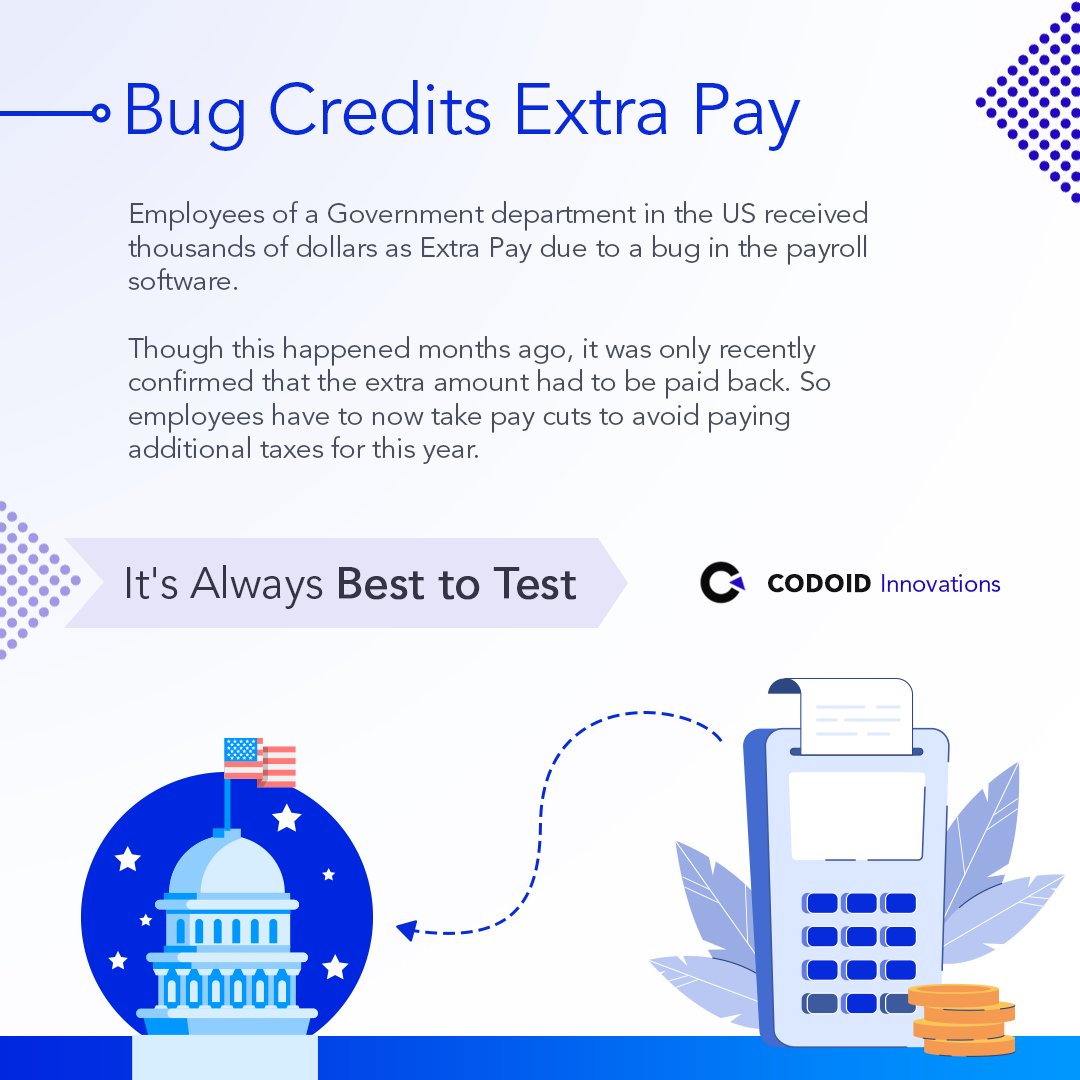 codoid's tweet image. Bug Credits Extra Pay 

Employees of a Government department in the US received thousands of dollars as Extra Pay due to a bug in the payroll software. 

It&apos;s Always Best to Test

#codoid #alwaysbesttotest #besttotest #softwarebugs #usa