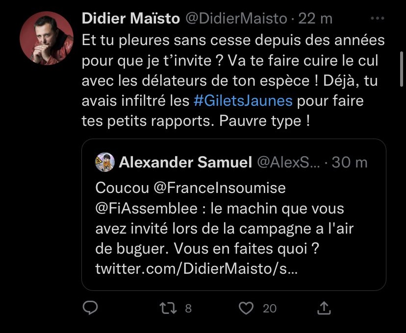 AlexSamTG's tweet photo. Je suis bloqué mais on m'a prévenu que ce type, non content de desinformer et de fuir la confrontation,  ben maintenant il sous-entend que j aurais fait des "petits rapports" sur les gilets jaunes (comme les gens de l'IHU). Ces fausses allégations me mettent en danger. https://t.co/TgquKDtHOs
