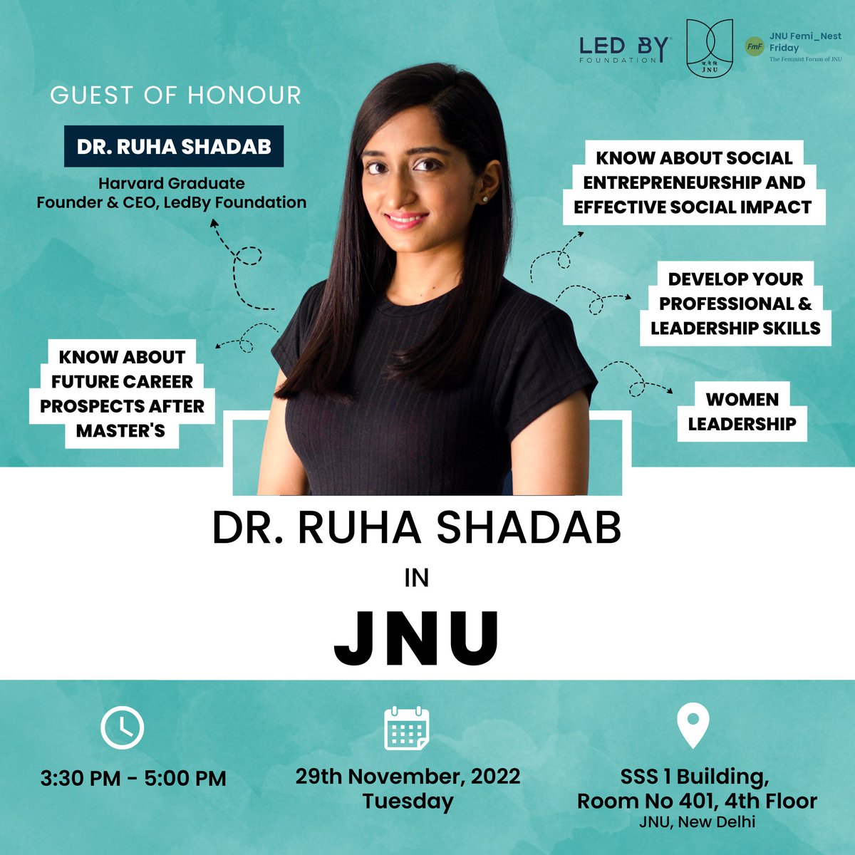 LedByFoundation's tweet photo. Dr. Ruha Shadab in JNU
Meet LedBy Founder & CEO, @RuhaShadab along with LedBy Team in JNU.
Join us in this LedBy #India #Tour and translate your #education into #empowerment and #accelerate your #professional journey.
.
.
#ledby #womenempowerment
#indianwomen #rolemodels #JNU https://t.co/ycTMuenMu7