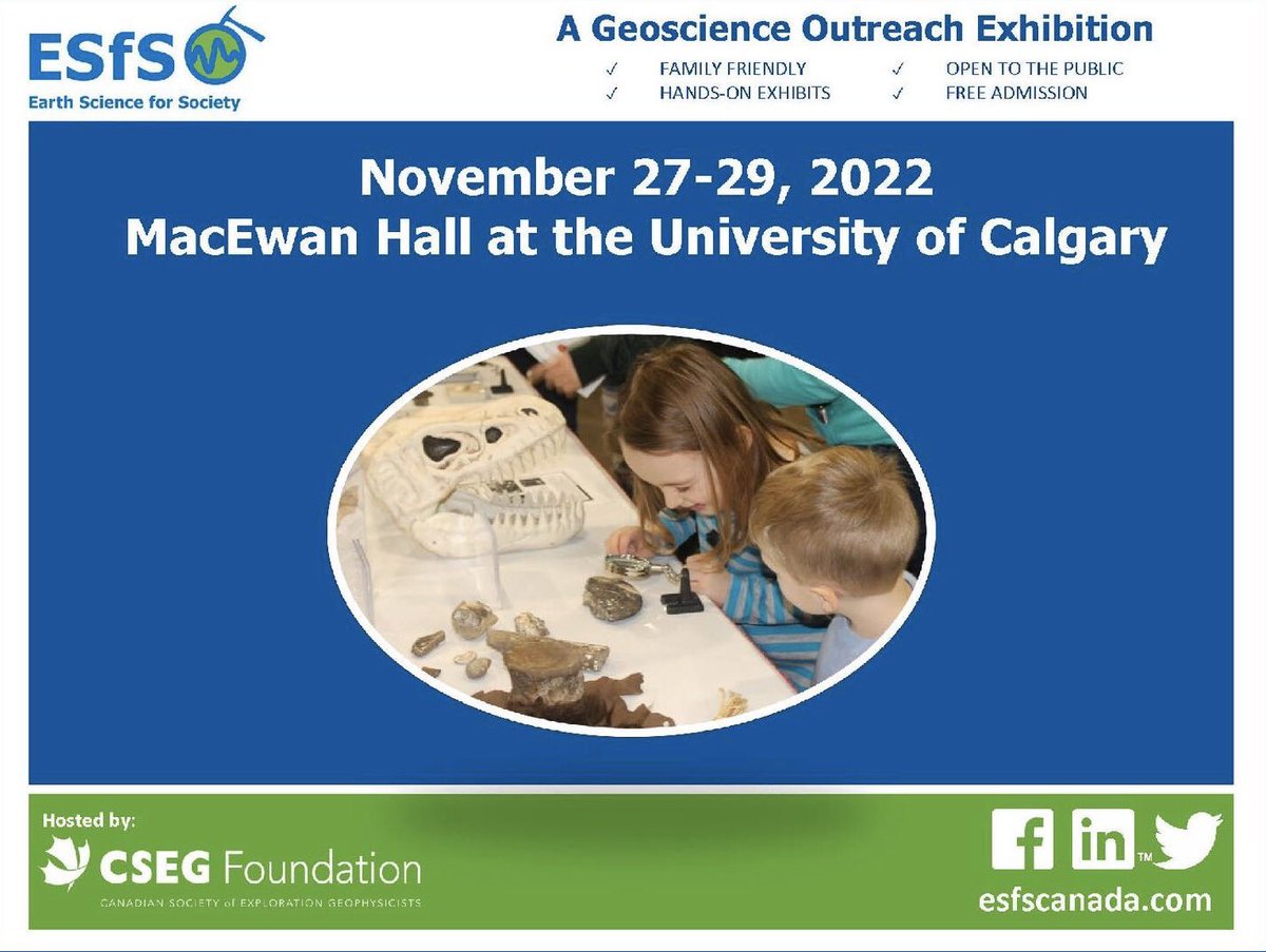 ESfS_Canada's tweet photo. Earth Science for Society (ESfS) is a fun, educational, and dynamic geoscience outreach event where attendees get to explore the wonders of Earth science. 

Interactive, hands-on exhibits are showcased in four themed pavilions. Free admission. #ESfS2022 #YYC https://t.co/B060ecU8I1