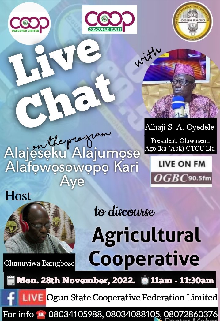 ogscofedcoop's tweet photo. 📌Join us #Live @OGBC905FM as we will be sharing more insight on AGRICULTURAL CO-OP with our guest Alhaji S. A. Oyedele.
📆 Mon., 28/11/22
🕚 11:00am - 11:30am
For Sponsorship & advert placements:☎️+234(0)803-408-8105 +234(0)807-286-0376
#WeAreCoops #OGSCOFEDRadioProgram https://t.co/16f9hBcvev