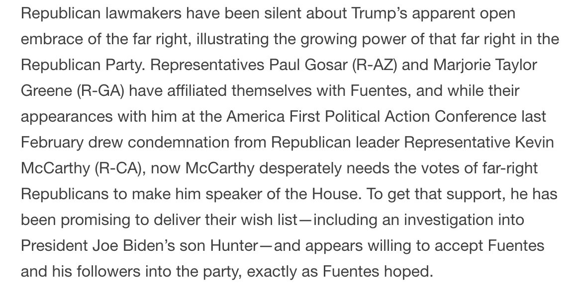 Boadicea12's tweet photo. Extremist White Nationalist Nick Fuentes, Marjorie Taylor Green, Paul Gosar are close allies. And the latter are going to be calling the shots in the #MAGAParty. McCarthy is going to cave to them. They are the face of Republicanism. #RottenRight

Quote below from @HC_Richardson https://t.co/KMwvqvFQ5j