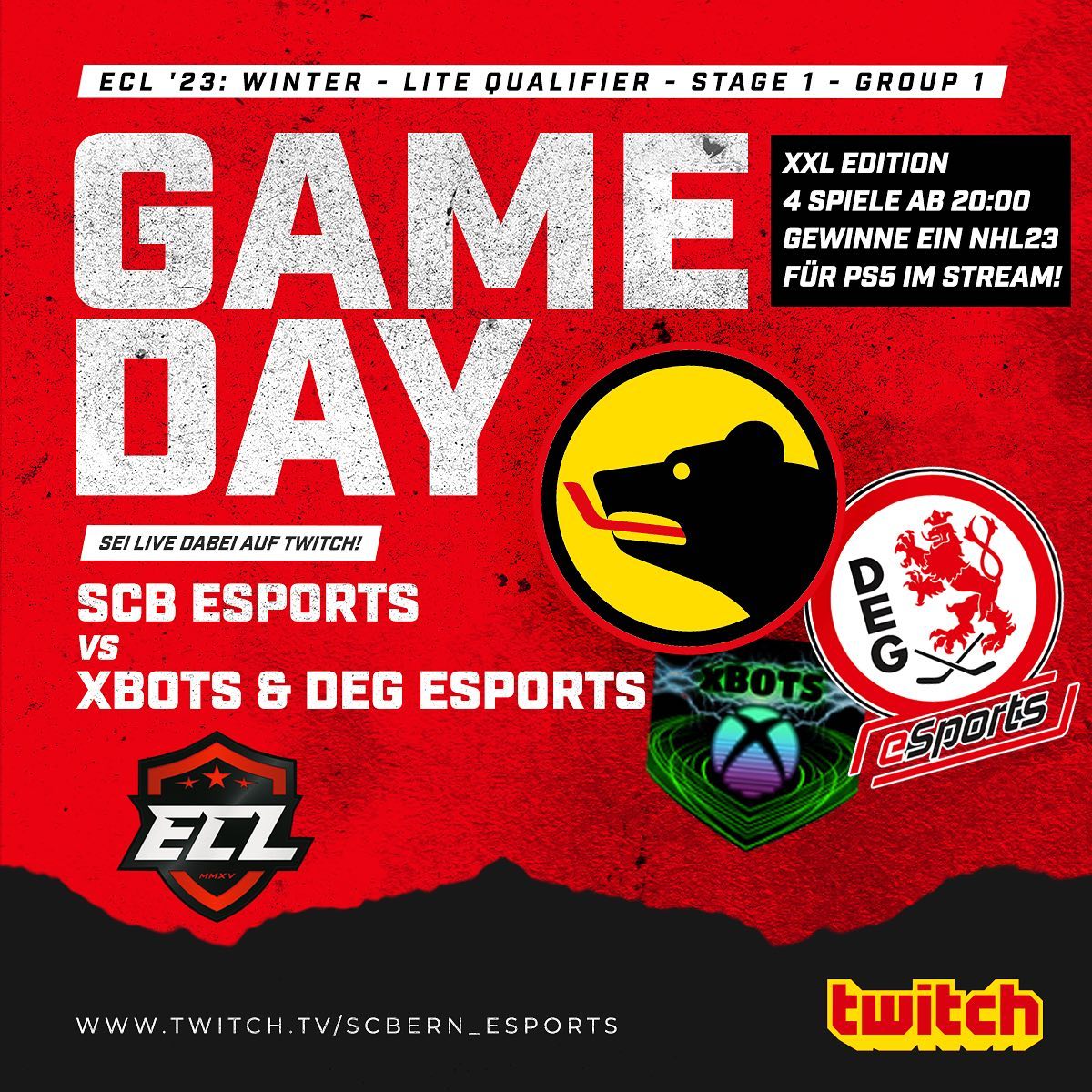 BloodyLP's tweet image. XXL - Doppelspieltag 🥅🏒🔥

xBots und DEG eSports in vier Duellen. 
Live-Stream beginnt ab 20.50 Uhr!

Live auf twitch.tv/scbern_esports 📺
Schalt ein und fiebere mit 🤝

Wir freuen uns auf euch!
🐻⚫️🟡🔴
#scb #scbesports #nhl #nhleashl #worldofchel #sportsgame #ps5