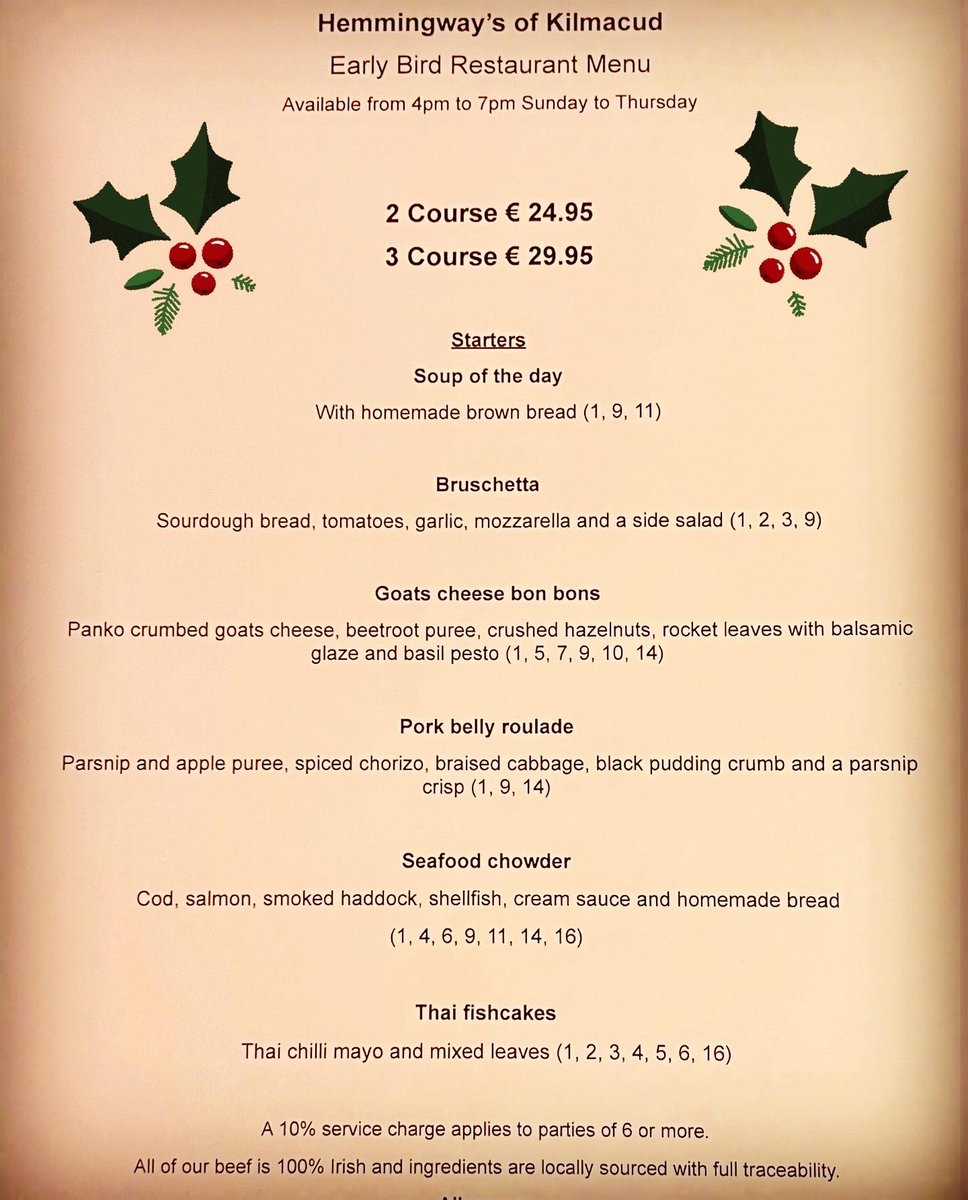 ScottsDublin's tweet photo. ✨ Early Bird Menu✨
2 & 3 Course Early Bird menu at Hemmingway’s of Kilmacud! A delicious selection of starters, mains and deserts available to choose from!
Available from 4pm to 7pm Sunday to Thursday!
⭐️2 Course €24.95
⭐️3 Course €29.95
#stillorgan #restaurant #EarlyBirdMenu https://t.co/O73y4aW0IF