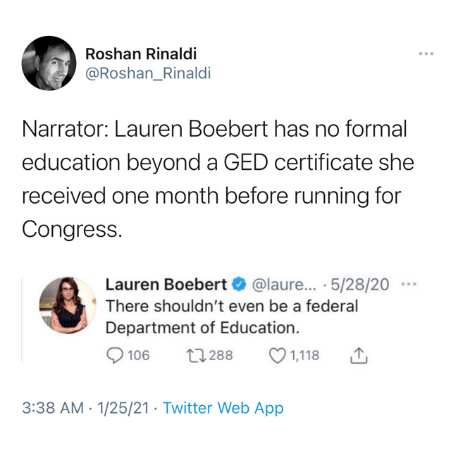 RanMann2's tweet photo. @laurenboebert @elonmusk ....because everyone in the USA uses Twitter?

Little miss GED shines again.... https://t.co/VZVR993lXz