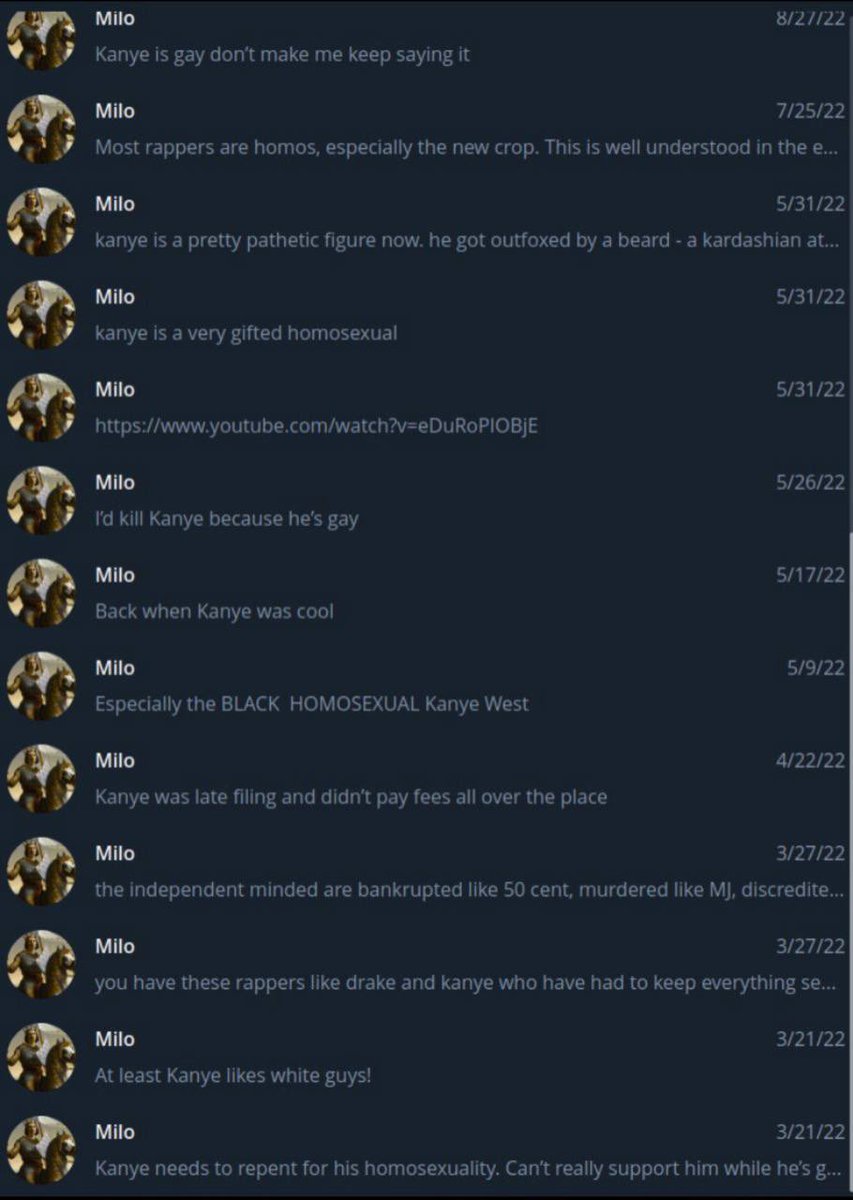 RPGonX's tweet image. BREAKING: Leaked DMs reveal @kanyewest ‘24 campaign manager Milo Yiannopoulos had been calling Kanye a homosexual before teaming up with him, calling him “pathetic,” and even threatening to kill him for being gay.