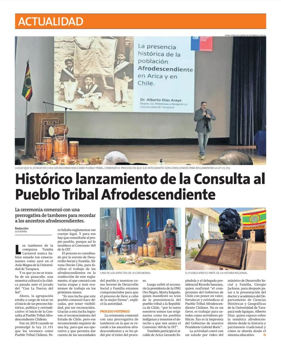 MDSArica's tweet photo. 📰🟢 EN LA PRENSA | Diario La Estrella de Arica destaca el lanzamiento de la Consulta del Pueblo Tribal Afrodescendiente. https://t.co/GOLdYfSqWY