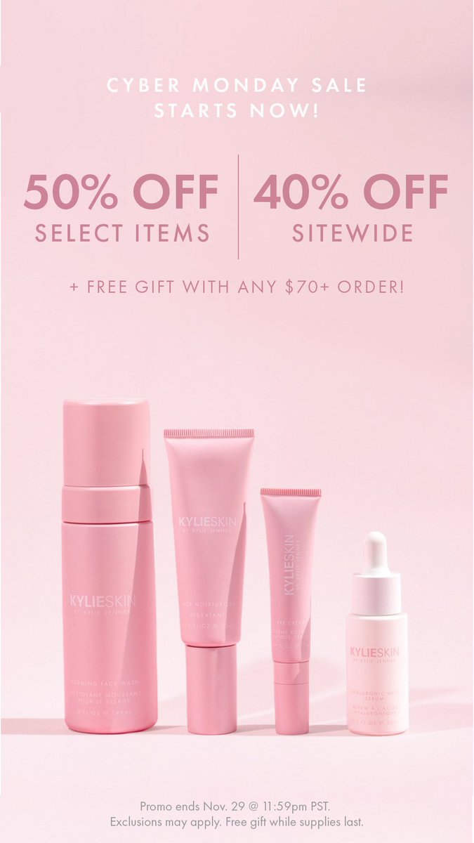 kylieskin's tweet photo. CYBER MONDAY STARTS NOW! 🚨💓 Get our best-selling skincare products up to 50% off &amp; a free gift with any $70+ order! Shop now on https://t.co/OtVrS73XPI. 💕⁠
⁠
Ends 11.29 11:59pm pst. #cybermonday⁠ #kylieskin https://t.co/gqIjsAYfY9