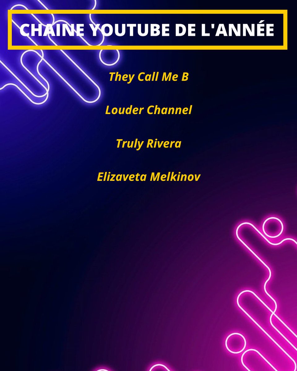 ⠀⠀╱ ❛ CHAINE YOUTUBE DE L'ANNÉE ❜
⠀⠀ ⠀⠀ ⠀⠀┊les nommés sont...

⭐️ @TCMBChannel 
⭐️ @loudermag 
⭐️ <a href="/trulyriverafl/">truly rivera</a> 
⭐️ <a href="/elizavetagms/">Elizaveta pro account ༄</a>