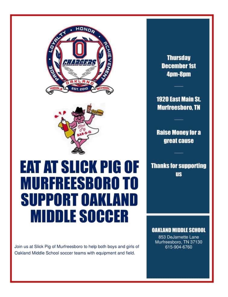 Come support Oakland Middle Soccer Dec 1st from 4-8pm at Slick Pig Bbq before Matilda Jr!!  Get your tickets at tinyurl.com/OMSmatilda