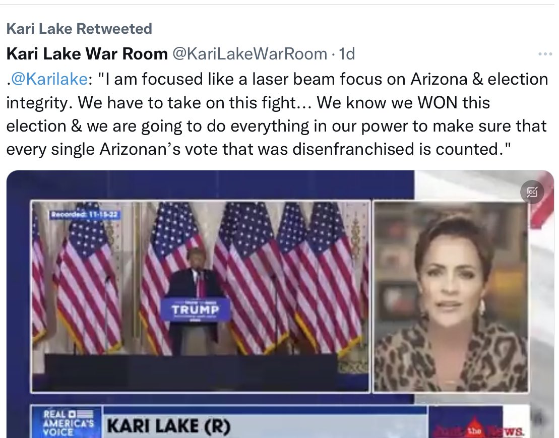 Kari Lake lost. Voters are sick of the false election fraud rhetoric. She lost because she has no experience, people are tired of the MAGA divisive mantra, and she had no plan to work for the people. Grow up Kari, and get over it. #MAGAMeltdown