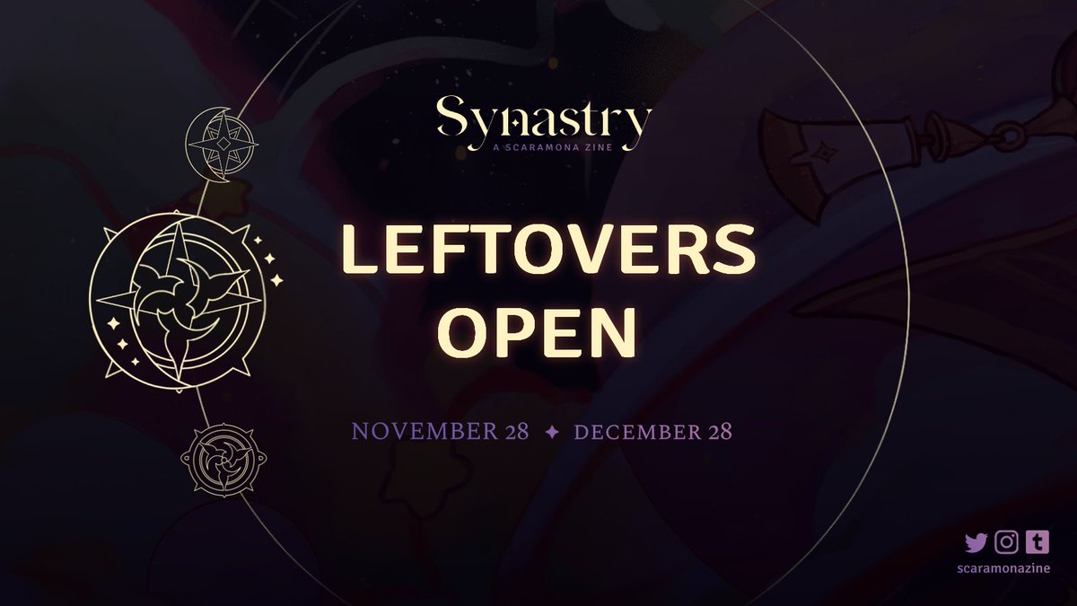 scaramonazine's tweet photo. 🌟LEFTOVER SALES ARE OPEN!🌟
Leftover sales for Synastry: A Scaramona Zine are officialy open until 28 Dec, 23:59 PDT! Stocks are very limited so don't miss out on your chance to get all physical and digital goods on our store!✨ 

🛒: https://t.co/ZbzZMIkahL https://t.co/hv51lehYT2