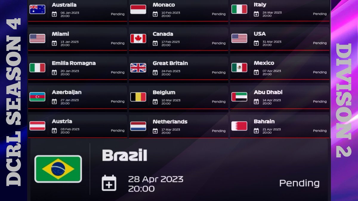 DCRL SEASON 4 CALENDAR IS FINALISED!

Australia 🇦🇺 
Miami 🇺🇸
Imola 🇮🇹
Baku 🇦🇿 *
Austria 🇦🇹
Monaco 🇲🇨
Canada 🇨🇦
Britain 🇬🇧 *

**break week**

Belgium 🇧🇪
Netherlands 🇳🇱
Italy 🇮🇹
USA 🇺🇸
Mexico 🇲🇽 *
abu dhabi 🇦🇪
Bahrain 🇧🇭
Brazil 🇧🇷

* = sprint race