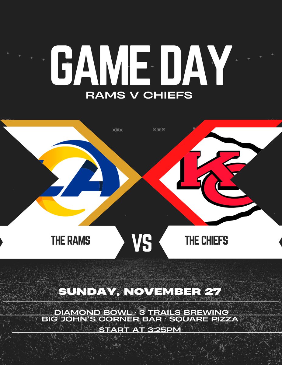 Catch the Chiefs today @ <a href="/3TrailsBrewing/">3 Trails Brewing</a> <a href="/DiamondBowlBill/">Diamond Bowling & Billiards</a> <a href="/SquarePizzaInd/">Square Pizza</a> &amp; Big John’s Corner Bar. #gochiefs #ChiefsKingdom