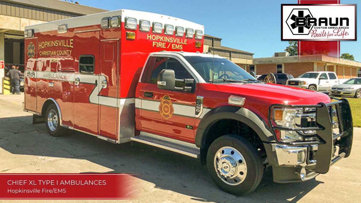 BraunAmbulances's tweet photo. Hopkinsville Fire/EMS has a new ride. @Penn_Care recently delivered a 2022 Braun Chief XL Ford F-450 4x4 ambulance to the department in Hopkinsville, Kentucky. Learn more about the Chief XL at https://t.co/86ppB9UMtv. #CustomAmbulance #ChiefXL #BraunAmbulances https://t.co/pCNEMncu0l