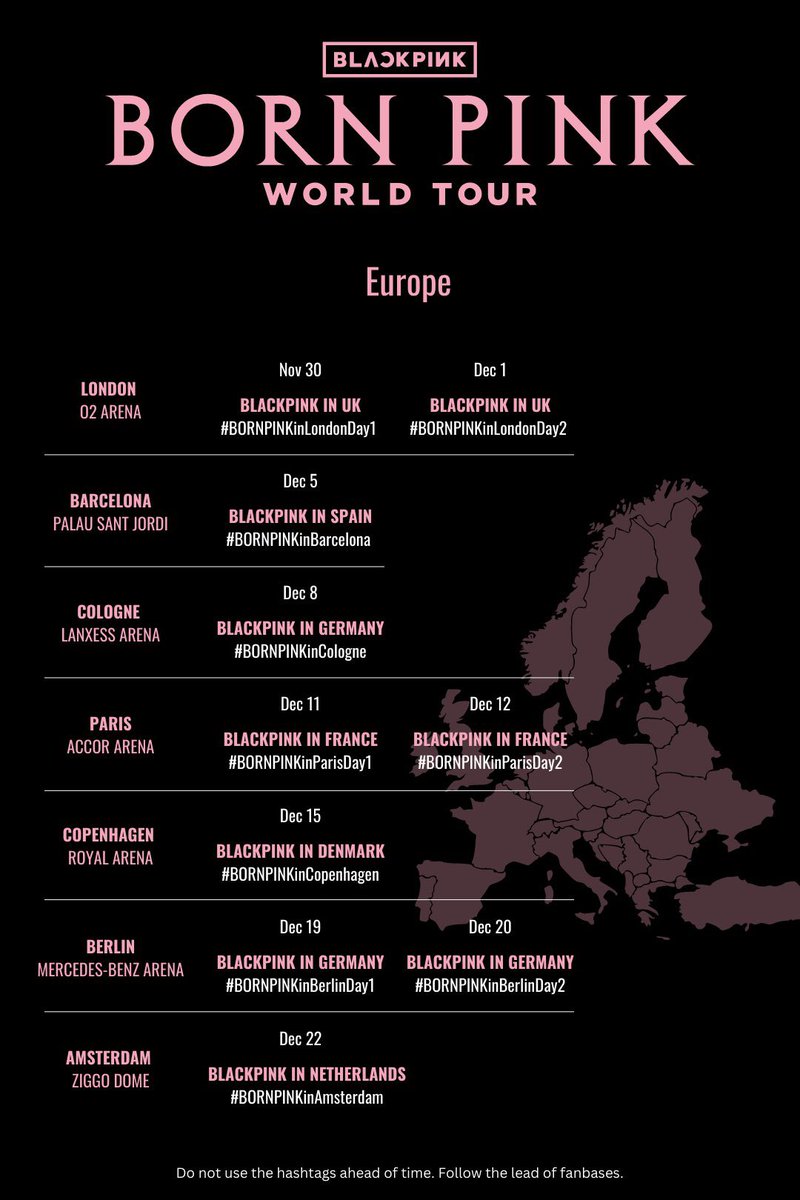 BlackpinkEurope's tweet photo. These are the hashtags that are planned for the tour in Europe 🇪🇺💗

If you're attending the concert or tweeting about it, you can use these hashtags. These hashtags should only be used on the day!

#BLACKPINK #BORNPINK #BLACKPINK_WORLDTOUR @BLACKPINK https://t.co/gRu9MYmUJk