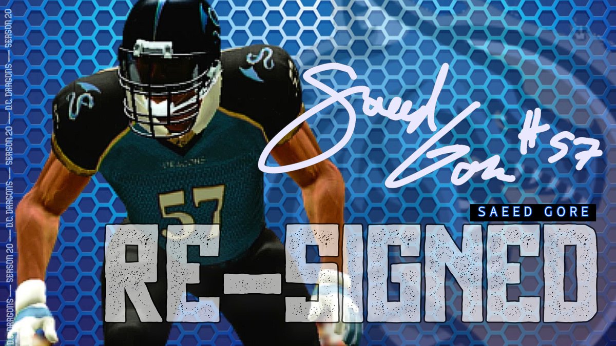 The D.C. Dragons are excited to announce the re-signing of <a href="/Saeedgore50LB/">Saeed Gore OLB #57</a>, who will be making the move from defensive end to outside linebacker in Season 20 of the <a href="/simulationfl/">Simulation Football League</a>. #TheFireRises🔥