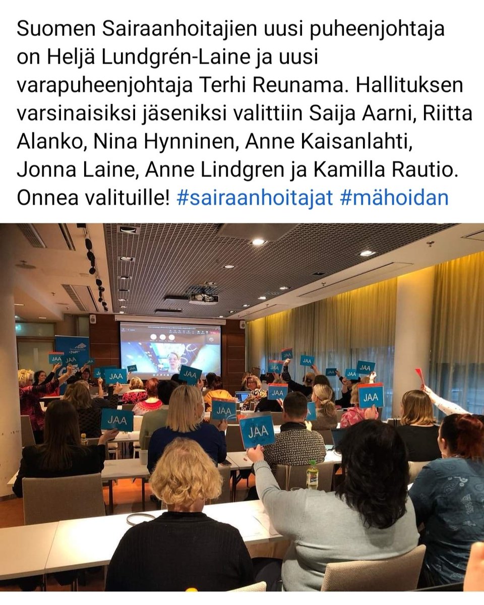 Paljon onnea <a href="/hklula/">Heljä Lundgren-Laine</a> ja @TerhiReunama ja kiitos <a href="/Sairaanhoitajat/">Sairaanhoitajat</a> valtuustolle luottamuksesta 
#mähoidan
#sairaanhoitajat
