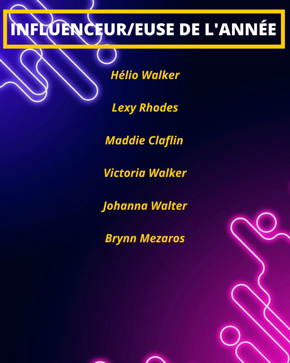 ⠀⠀╱ ❛ INFLUENCEUR/EUSE DE L'ANNÉE ❜
⠀⠀ ⠀⠀ ⠀⠀┊les nommés sont...

⭐️ <a href="/pxrfxctpro/">ッ Hélio Walker Pro</a> 
⭐️ <a href="/tasteofheII/">❦ LILITH</a> 
⭐️ <a href="/therefxreiam/">↬ Maddie Claflin Pro</a> 
⭐️ @estxella_ 
⭐️ <a href="/kvrmachameleon/">ᅠᅠᅠjohanna walter. 🫧</a> 
⭐️ <a href="/spiritedove/">BRYNN</a>