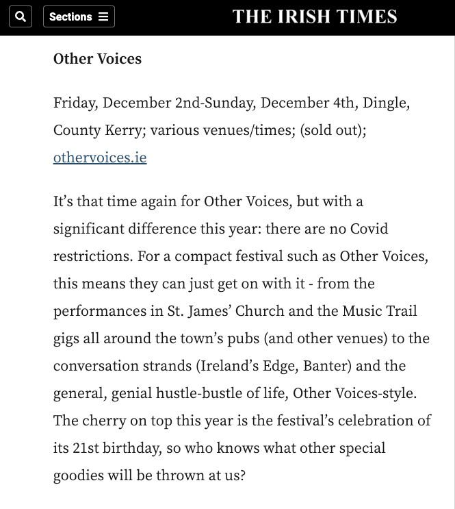 OtherVoicesLive's tweet image. A lovely shout out in today's @IrishTimes - thanks @TonyClaytonLea 🌟
