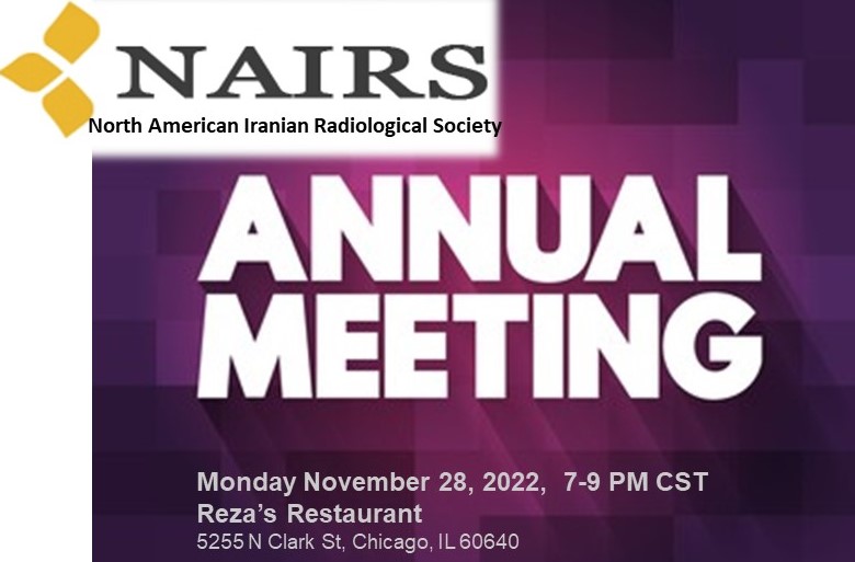 NAIRS-North American Iranian Radiological Society (@nairadsociety) on Twitter photo Join us for the <a href="/NAIRadSociety/">NAIRS-North American Iranian Radiological Society</a> Annual Meeting & Networking event
Tomorrow, Mon., Nov 28, 7 PM CT
Reza's Persian Restaurant
Register at nairadsociety.com/meetings
Fees:
-Full members: Included in membership fee ($85/year)
-Trainees: Free annual membership, $30 for dinner
#RSNA22 Join us for the <a href="/NAIRadSociety/">NAIRS-North American Iranian Radiological Society</a> Annual Meeting & Networking event
Tomorrow, Mon., Nov 28, 7 PM CT
Reza's Persian Restaurant
Register at nairadsociety.com/meetings
Fees:
-Full members: Included in membership fee ($85/year)
-Trainees: Free annual membership, $30 for dinner
#RSNA22