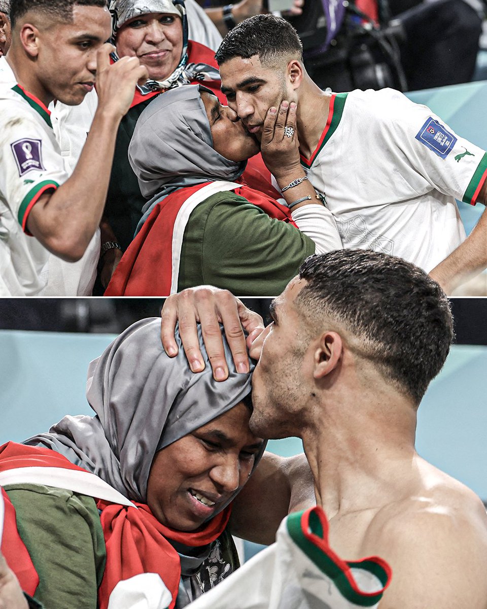 ESPNFC's tweet image. Achraf Hakimi celebrating with his mother after Morocco's win against Belgium is everything ❤️🇲🇦