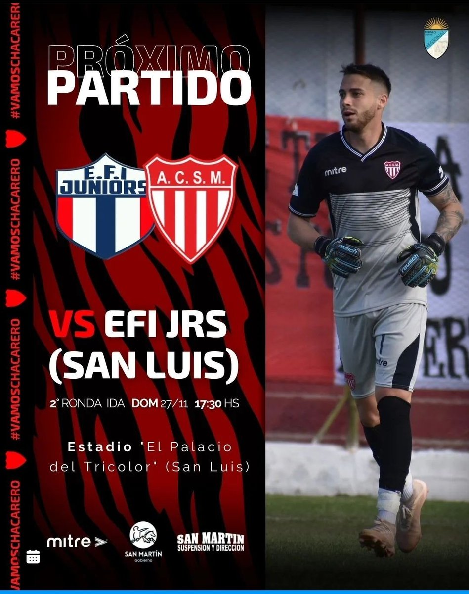 🏆 TORNEO REGIONAL 2da FASE-IDA
EFI JRS ⚪🔵🔴 VS San Martín 🔴⚪🔴
🗓️ Domingo 27/11
⏱️ 17:30 hs
🏟️ Estadio EFI JRS
#VamosChacarero
