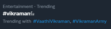vikraman_Trends's tweet photo. Our 3 Tags Trending On India Trend List 🥳🔥

To See Haters Our Range 👊🔥

#VaathiVikraman

@RVikraman | #BiggBossTamil6 https://t.co/yI2cTZ7Yis