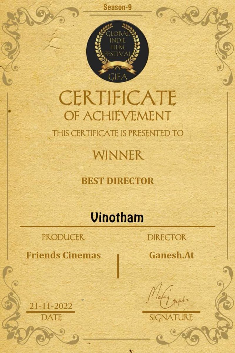 AT_Ganesh's tweet photo. Happy to Announce that.. #வினோதம்  Short flim .. Won this category of Certificates  .. of  Online Flim Festivals .. .. #Best Flim &amp; #Best Director.. .. Thanks to 7 Sisters Nort East international &amp; globle india flim festival... https://t.co/4XGFaqRbU7 https://t.co/9d78AMSC27