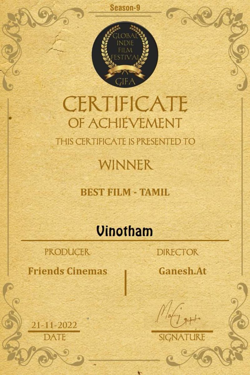 AT_Ganesh's tweet photo. Happy to Announce that.. #வினோதம்  Short flim .. Won this category of Certificates  .. of  Online Flim Festivals .. .. #Best Flim &amp; #Best Director.. .. Thanks to 7 Sisters Nort East international &amp; globle india flim festival... https://t.co/4XGFaqRbU7 https://t.co/9d78AMSC27