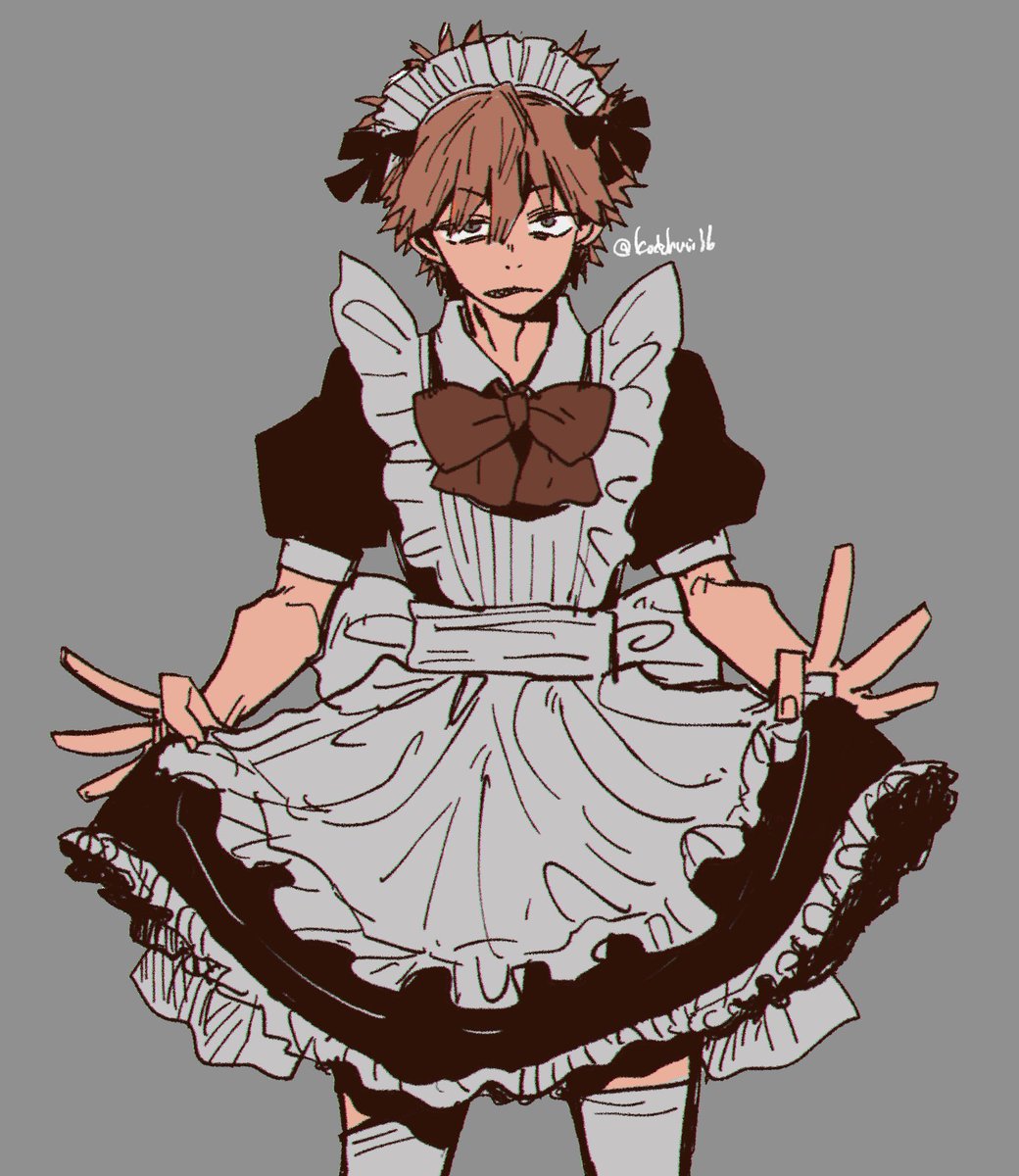 1boy maid maid headdress solo apron simple background male focus  illustration images