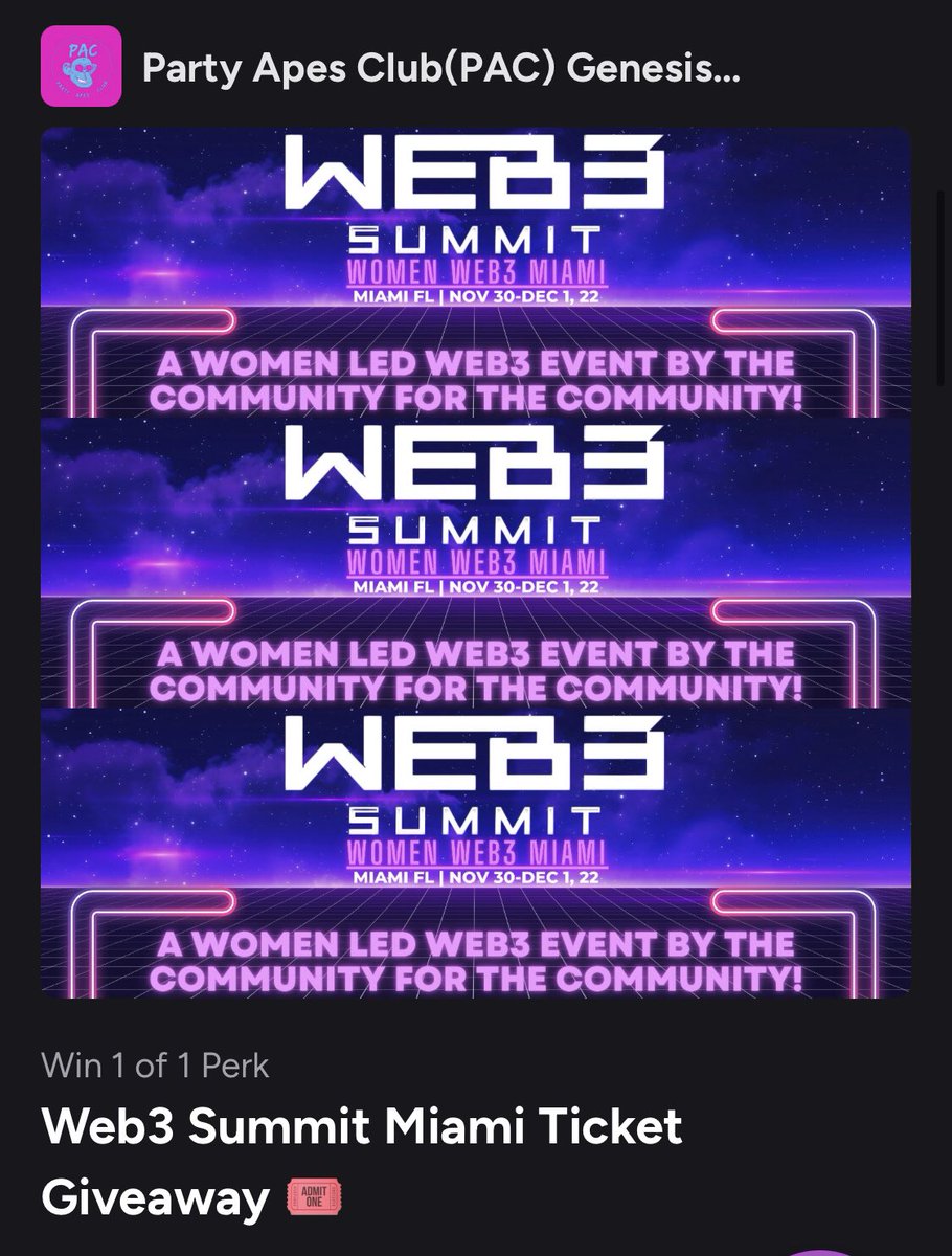 Hey Babes! Get a chance to win FREE tickets to Events such as <a href="/Web3summits/">WEB3 SUMMIT | Women Web3 Miami 2022 🏝</a> event in Miami when you mint our NFT <a href="/PartyApesClub/">Party Apes Club (PAC) - Wellness Utility NFT⚕️🧠</a> 🎉Check out all our giveaways at perk.shop/pac. The NFT that 💙’s to give 🥰