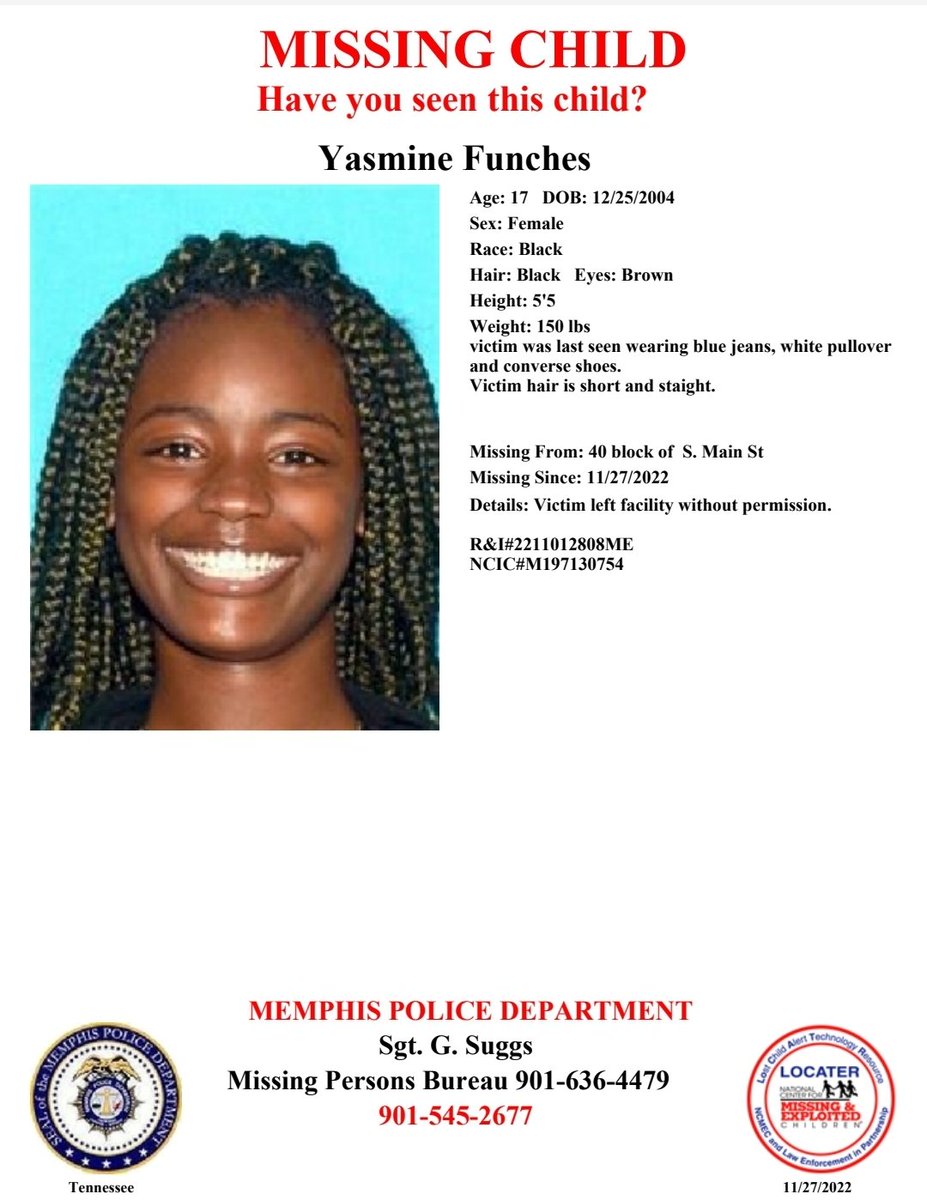 MEM_PoliceDept's tweet photo. Have you seen Yasmine Funches?
Report #2211012808ME https://t.co/RadH7Nduws