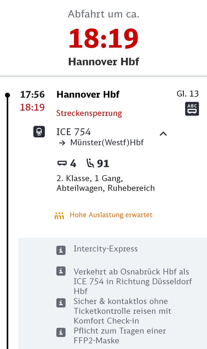 MrChilling29's tweet photo. @DB_Bahn Guten Tag, ich habe eine Fahrkarte für den ICE 754 für den Streckenabschnitt Hannover HBF bis Münster HBF. Aktuell stehen bei mir aber zwei verschiedene Abfahrtzeiten (18:19) und 18:38. Welcher Zeit kann ich vertrauen? https://t.co/0UrPrN1v54