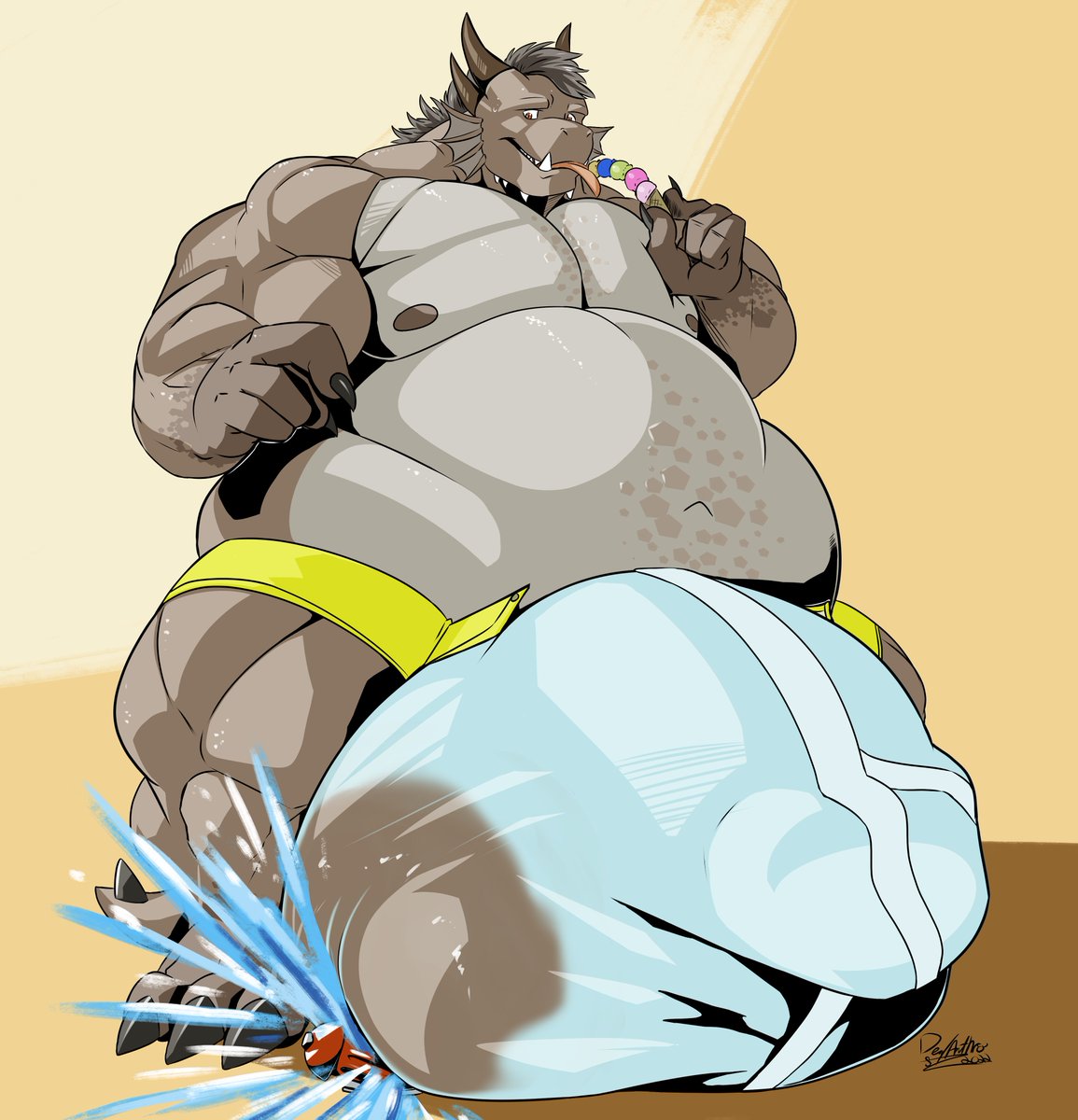 senexAD's tweet photo. Oh whoops, didn't see that small fire hydrant. And now my bulge is wet and people can see through the fabric, oh no!

Art by @DeadanthroCom
#furry #furryart #scalie #nsfw #hyper https://t.co/qMsD1U6aU9