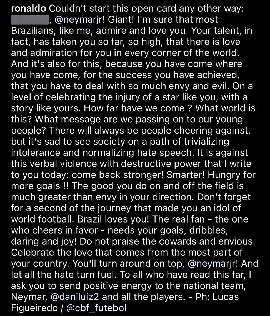GingaBonitoHub's tweet photo. Ronaldo Fenômeno on Instagram:

“Come back stronger! Smarter! Hungry for more goals !! The good you do on &amp; off the field is much greater than any envy in your direction.” https://t.co/uJMw2AmEOW
