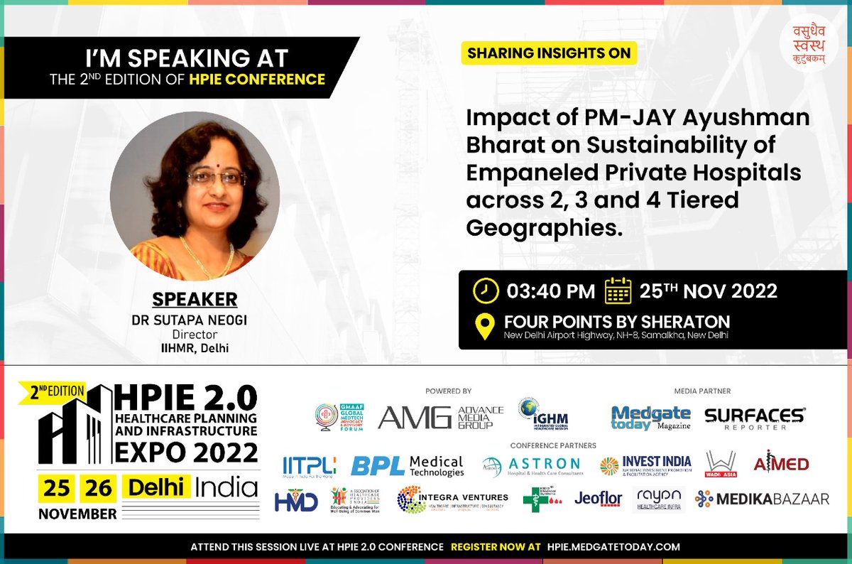 IIHMRDelhi's tweet photo. Prof. Sutapa B. Neogi (Director, IIHMR Delhi) delivered a talk on "Impact of PMJAY Ayushman Bharat on Sustainability of Empaneled Private Hospitals across 2, 3 and 4 Tiered Geographies" at the 2nd Edition HPIE Conference today.
#iihmrdelhi #ayshmanbharat #conference #HPIE #PMJAY https://t.co/41DY9ZBF3v