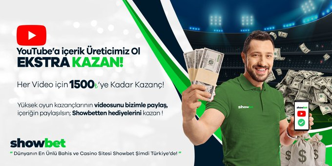 📽️ Showbet Adına YouTube 'da içerik Üreticimiz Olanlar 

🔸 1⃣5⃣0⃣0⃣₺ ye Kadar Çekim İmkanı Kazanıyor 

🎰 TEK YAPMAN GEREKEN Oynadığın Oyunların Kazanç Videolarını Bizim İle Paylaşmak 

🔹Daha Fazlası " BONUSLAR " Kısmında  

💚TIKLA KAZANMAYA BAŞLA bit.ly/SHOWBET