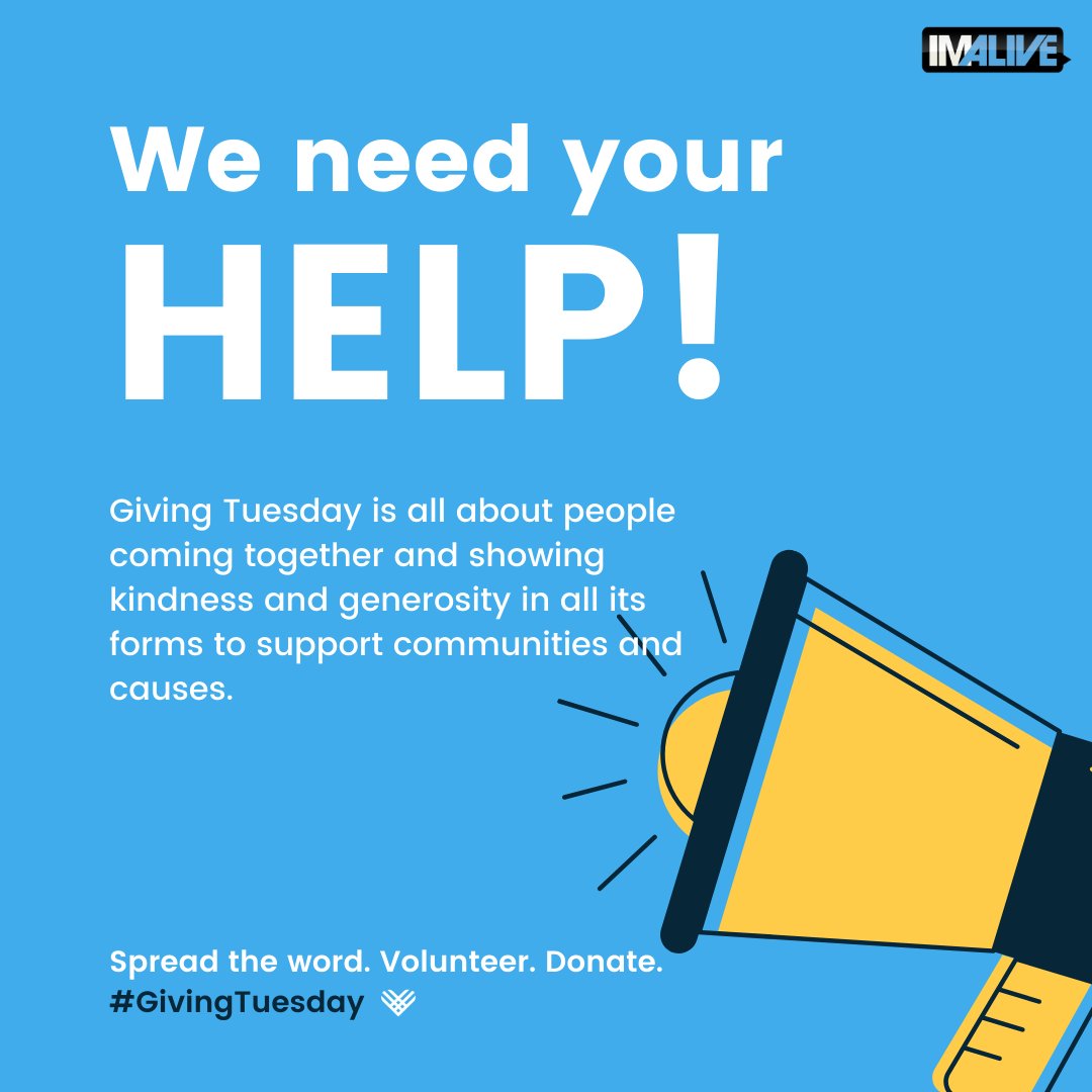 We Need You! Can you help today?
Donate Here:  bit.ly/imalivedonate
#GivingTuesday #Donate #Volunteer IMALIVE.org