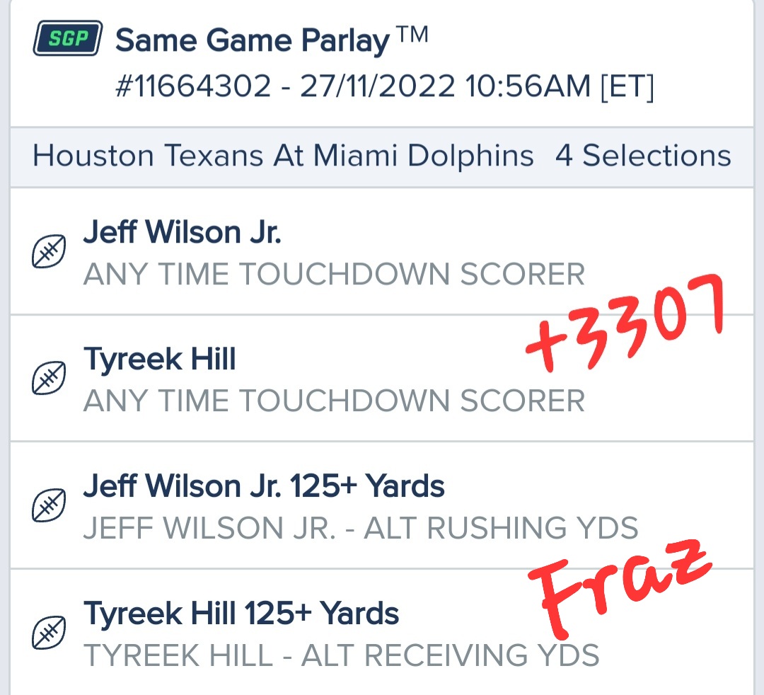 TheRealFraz87's tweet photo. I'll drop a few today. Odds are +3307 on this one! Take what you want, switch it up, add or remove. Good luck everyone! #Fanduel #Sportsbook #Betting #NFL #LetsGooo #Fraz https://t.co/KQ7LOsSHxN