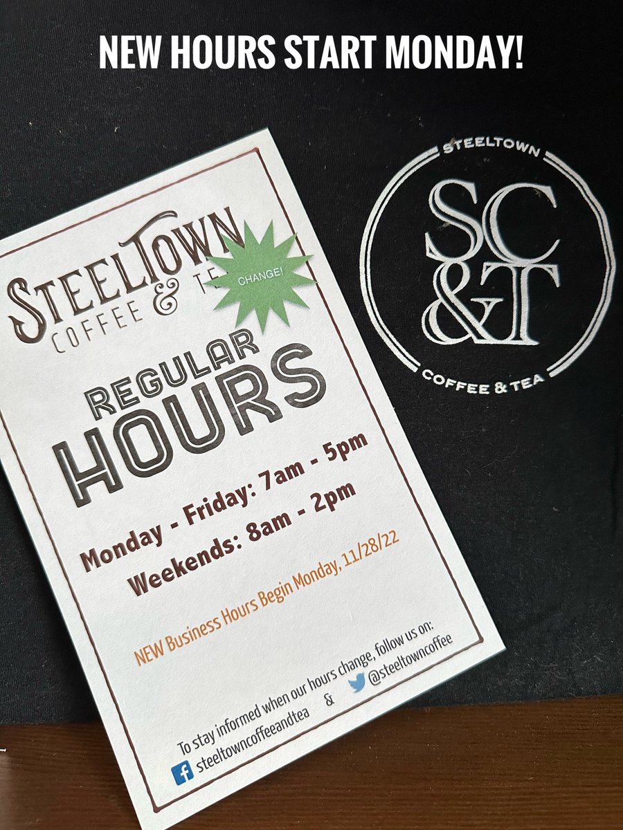 SteeltownCoffee's tweet photo. Our new businesss hours begin on Monday, November 28, 2022!

Mon-Fri: 7am-5pm
Sat-Sun: 8am-2pm

See you soon, or later! https://t.co/TAD7Iwegxf