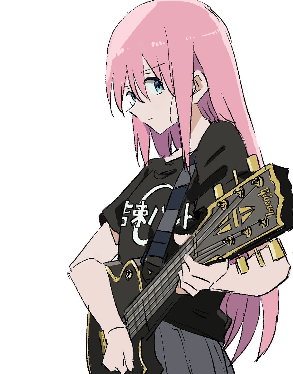 gotou hitori 1girl solo pink hair long hair shirt instrument grey skirt  illustration images