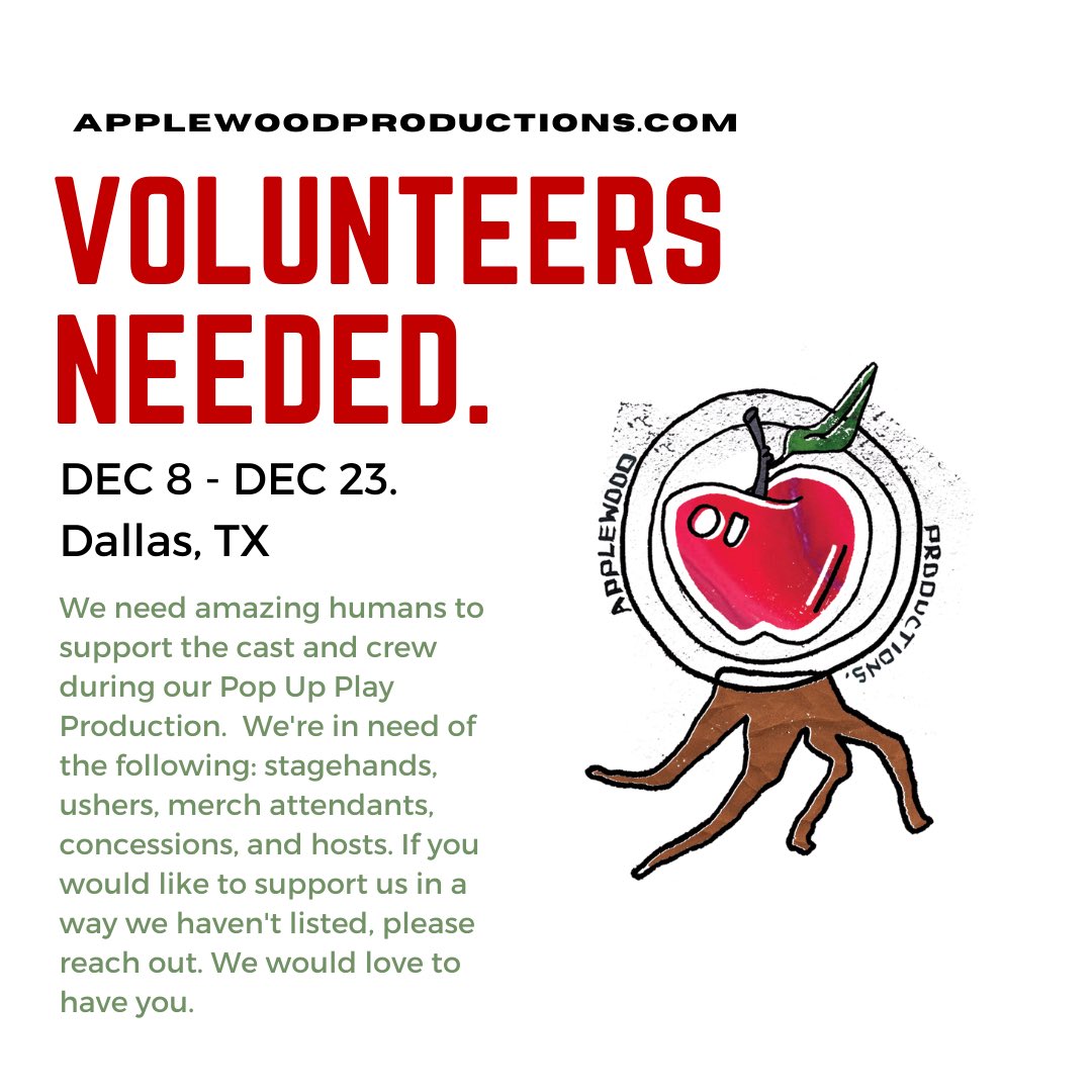 APPLEWOODPROD's tweet photo. We’re looking for volunteers to help as stagehands, ushers, hosts, concessions and merch attendants! Register using this link! https://t.co/YV63Wp42qf Questions? Email support@applewoodproductions.com 🍎 https://t.co/OSL4Y5UN3x