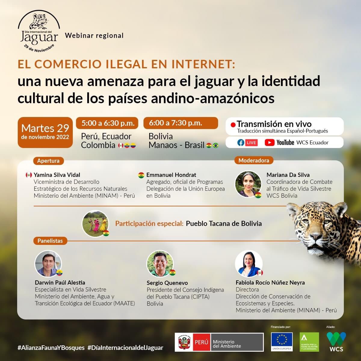 WCSColombia's tweet photo. 🐆 El martes 29 de noviembre conmemoraremos el #DíaInternacionaldelJaguar. 

Prepárate para seguir la transmisión con información actualizada sobre lo que está sucediendo con el comercio ilegal del jaguar y las medidas que se están tomando.

Inscríbete: https://t.co/4TiWtSZJwK https://t.co/XpDp8bSbs1