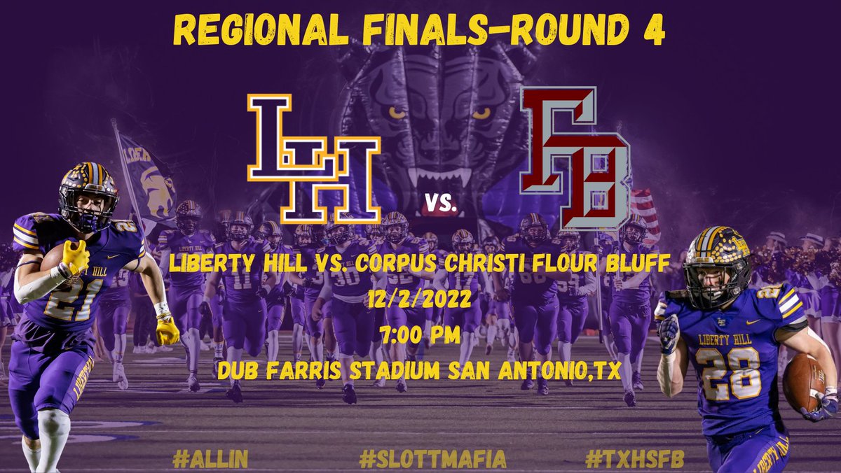 🚨🏈Regional Finals‼️🚨

🆚 FB Hornets
📅 12/2/2022
🕖7:00 PM
🏟️Dub Farris Stadium 
📍San Antonio, TX

#ALLIN|#txhsfb 

<a href="/lhisdcomms/">LHISD Communications</a> @AthleticsLhisd <a href="/LhPanther/">LH Football Booster Club</a> <a href="/statesman/">Austin Statesman</a> <a href="/dctf/">Dave Campbell's — TexasFootball.com</a> <a href="/Matt_Stepp817/">Matt Stepp</a> <a href="/Rickyprep/">Rick Cantu</a> <a href="/ThomasJonesAAS/">Thomas Jones</a> <a href="/LHIndependent/">The Liberty Hill Independent</a>