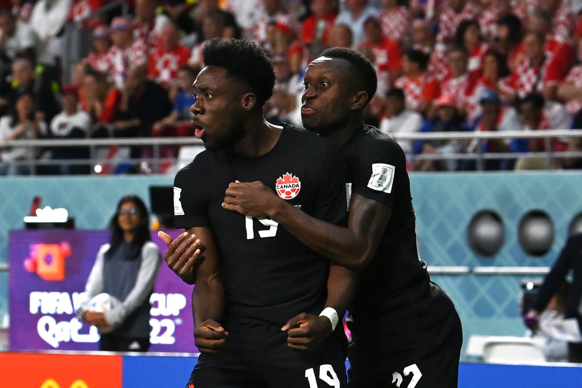 Footballtweet's tweet photo. Alphonso Davies becomes the first player in history to score a World Cup goal for Canada. 

#CAN | #FIFAWorldCup https://t.co/U0cIQiJ1ke