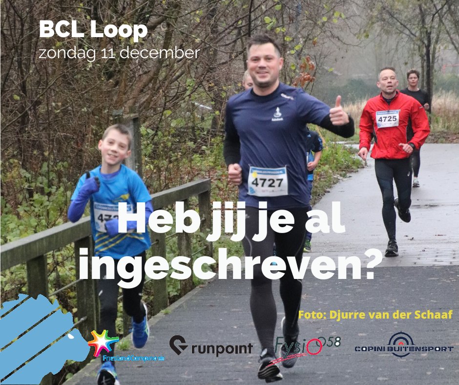 AvLionitas's tweet photo. Al ingeschreven voor de BCL Loop op zondag 11 december?
Meer info en inschrijven vind je op: https://t.co/MYogQ1tvwH
#lopeninleeuwarden #leeuwarden #hardlopen https://t.co/ReKp0CKuUO