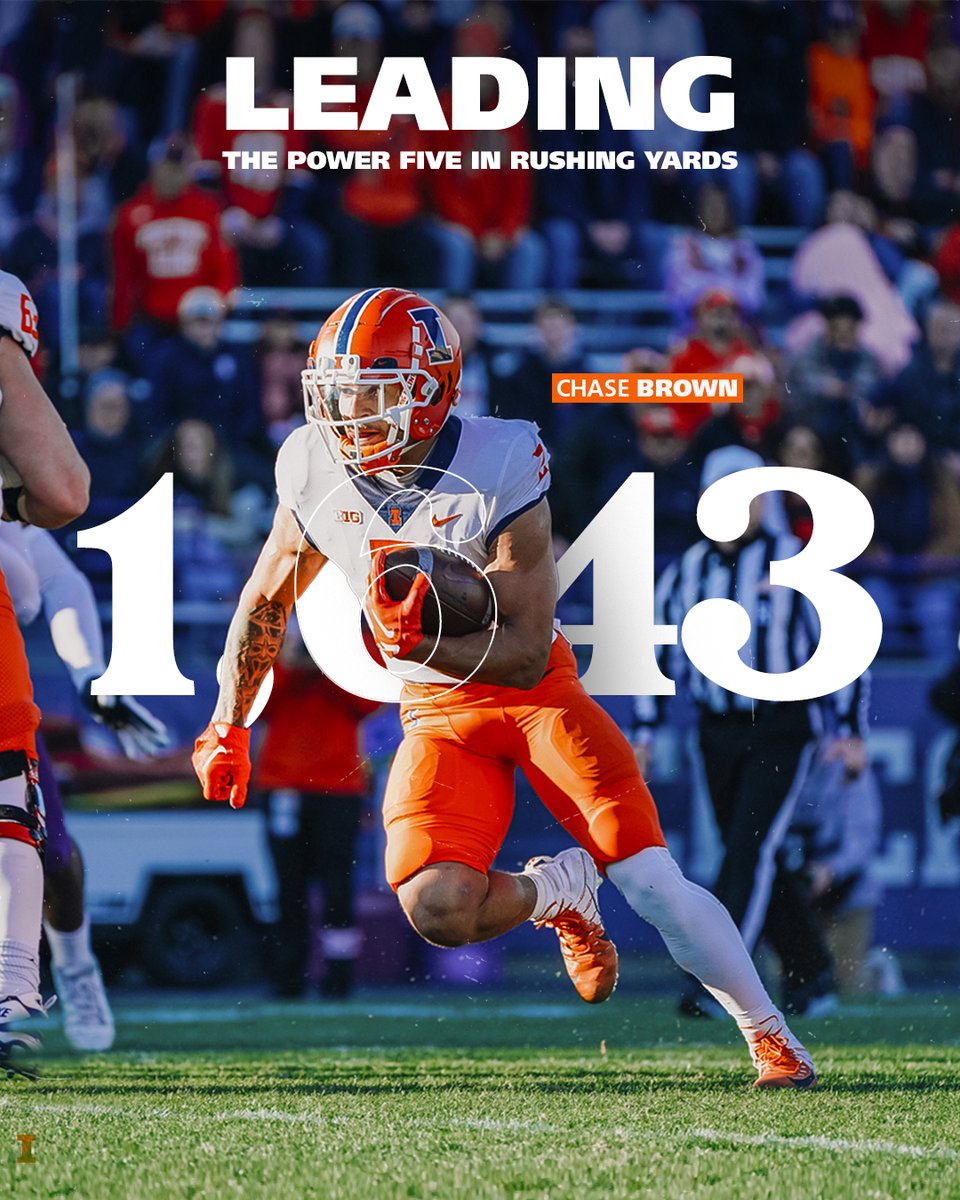 IlliniFootball's tweet photo. Wire to wire. 

@chasebrown____ led the Power-5 in rushing yards from Week 0 to Week 12. 

#Illini // #HTTO // #famILLy // https://t.co/RxdmT1ULda https://t.co/XgYawmvG3F