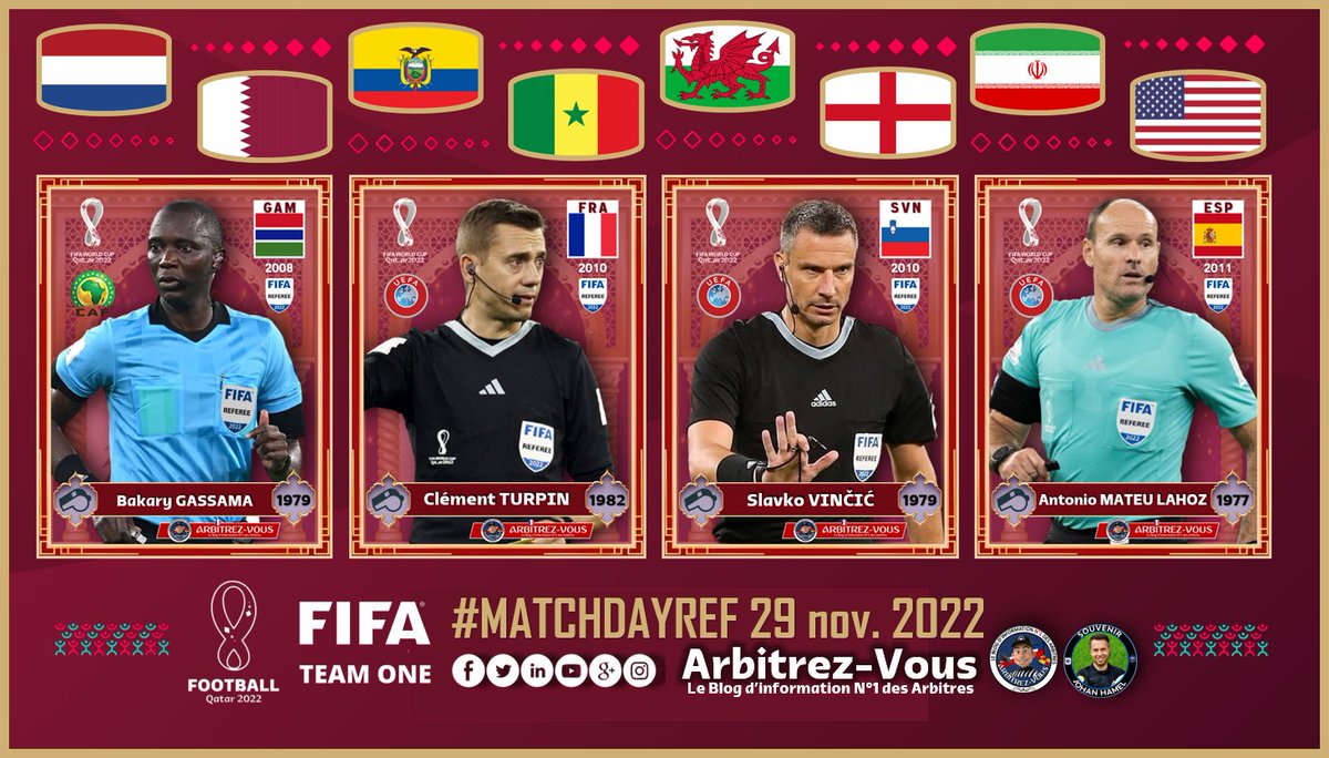 ArbitrezVous's tweet photo. 🌐 #FIFA #FIFAWorldCup #Qatar2022
Au programme de ce mardi 29 novembre 2022 #MATCHDAYREF
#NEDQAT #ECUSEN #WALENG #IRNUSA
@ArbitresSAFE @FFF @lequipe @deux_zero @Law5_TheRef @fifacom_fr @fifaworldcup_fr @SrAnsetzungen @MikaelReferee @VictoriaGooner https://t.co/NiqrhcWE8k