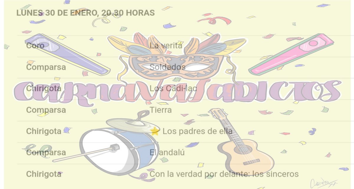 Lunes 30 Enero
#Coac2023P10

<a href="/Chirigota_Ecija/">CHIRIGOTA ECIJA, “NOS HEMOS VENÍO ARRIBA”</a> 
<a href="/chirichoza/">Chirigota del Choza</a> 
<a href="/ComparsadeRZ/">LaComparsadeRZamudio</a> 
<a href="/trataratachin/">Chirigota Los Molina</a>